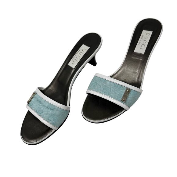 Gucci Monogram Canvas Kitten Heel Slides Blue White Logo Mules Sandals 7.5 - Picture 6 of 9
